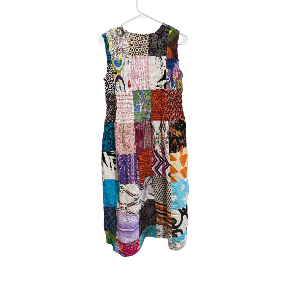 Adika Patchwork Dress Womens M/L Cotton Sleeveless Shirred Midi Boho Cottagecore - Picture 4 of 4